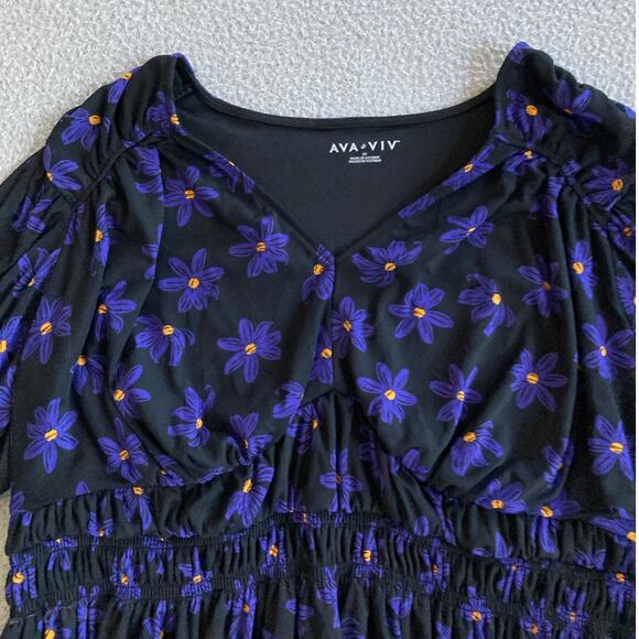 Ava & Viv Top 2X Floral V-Neck Stretch Short Sleeve Flare Blue Black Blouse - Picture 2 of 16